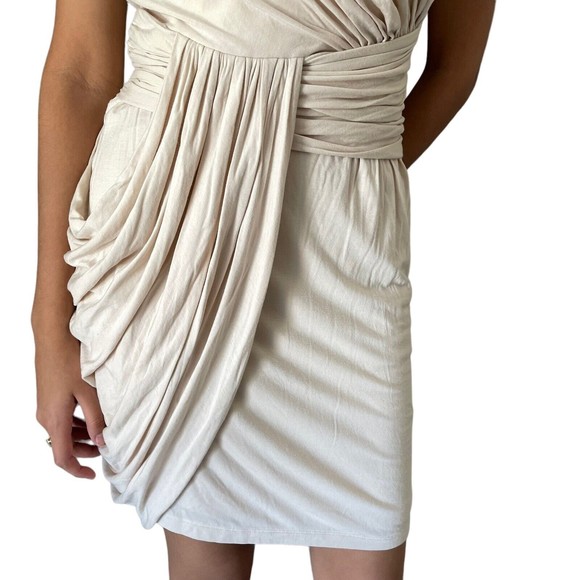Boston Proper Strapless Drape Mini Dress S Jersey Knit Asymmetric Stretchy Nude - Picture 5 of 15